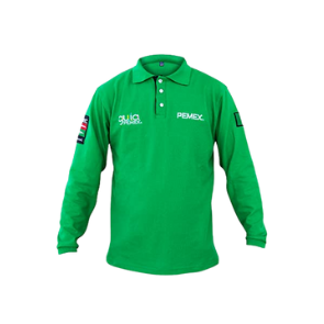 Playera tipo polo verde manga larga 100% algodón antiestática unisex con logos de PEMEX